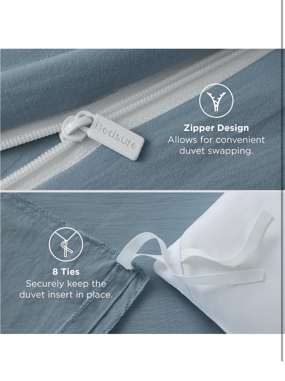 NEW Bedsure Dusty Blue Duvet Cover. Prewashed Cotton-Like Polyester. 3 PCS w/Zip - Picture 7 of 7